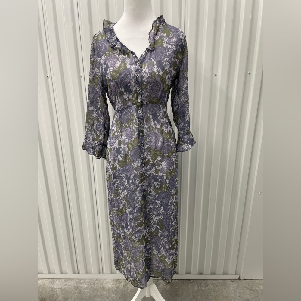 Garnet Hill 100% Silk Purple Floral Sheer Full Button‎ Midi Slip Dress 4 Petite